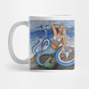 Mermaid on rocks with sea monsters serpents Mug